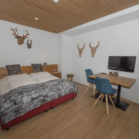 Gemütliches Schlafzimmer mit Doppelbett, TV und Esstisch.
